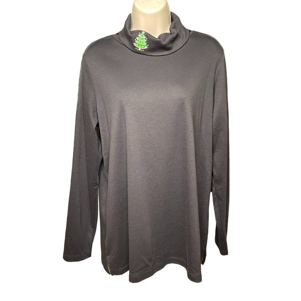 Qccker Factory Christmas Tree Turtle Neck Blouse Black Shirt Size M u